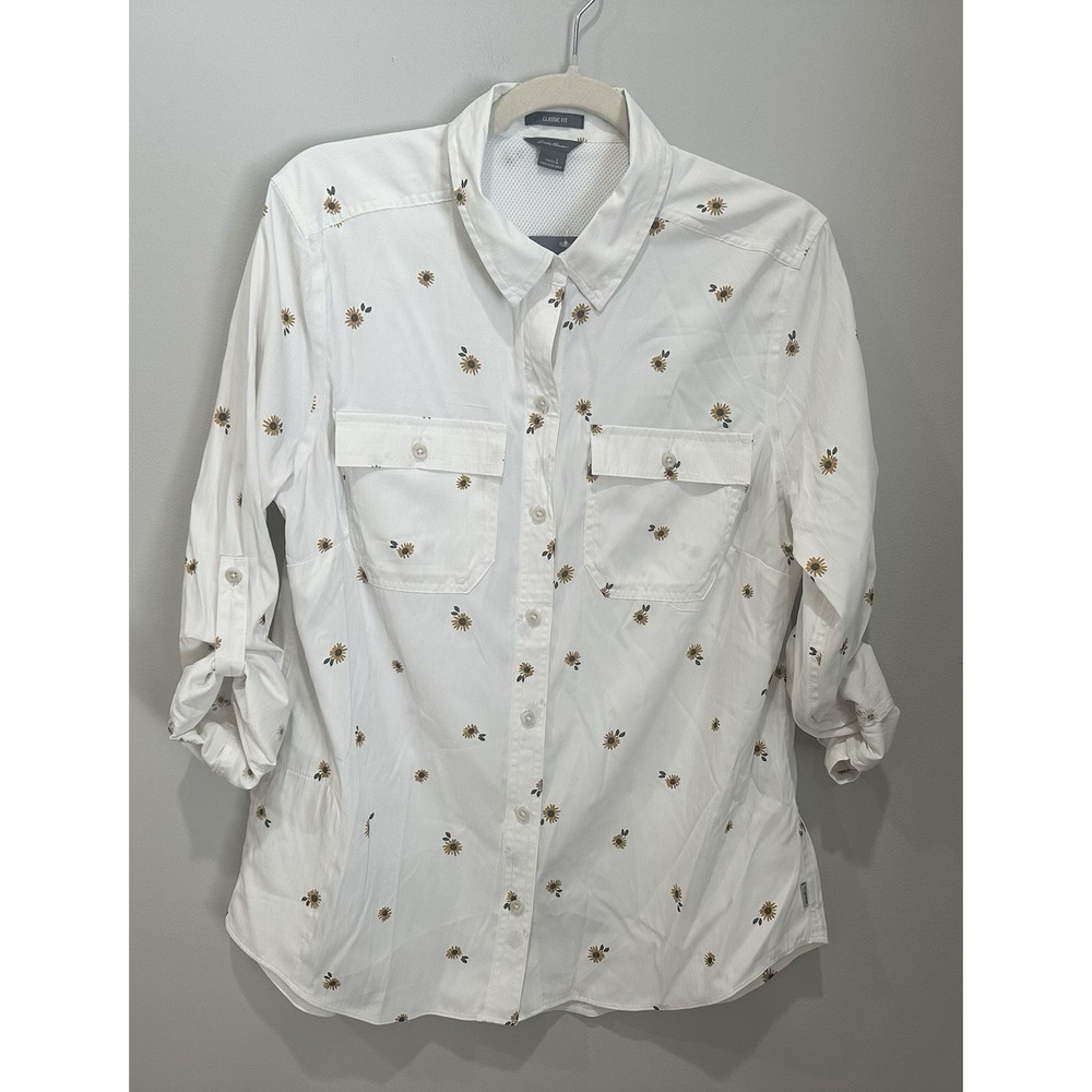 Eddie Bauer Adventurer 3.0 Button Down White Sunflower Novelty Print Large NWT